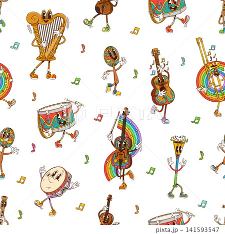 Cartoon groovy music sound characters in seamless pattern background. Y2K Groovy musical instrument characters pattern of funky guitar, trippy violin with silly face, tambourine and rainbow maracas Cartoon groovy music sound characters in seamless pattern background. Y2K Groovy musical instrument characters pattern of funky guitar, trippy violin with silly face, tambourine and rainbow maracas 141593547