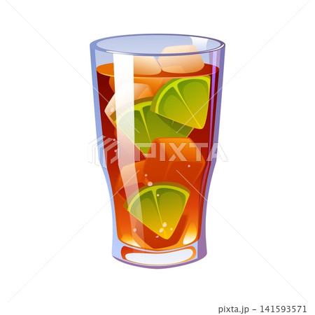 Cuba Libre cocktail glass cup or party alcohol drink with lime slices for beverage bar menu. Cuba Libre rum cocktail glass or whiskey sour with ice cubes and lemon fruits for isolated cocktail drink 141593571