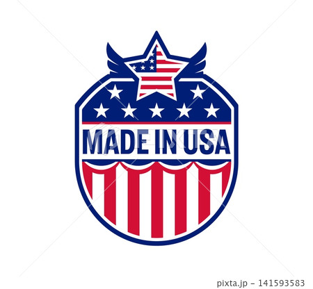 Made in USA label with American flag and eagle wings for quality badge or America manufacture stamp icon. Made in USA badge for United States production and US product quality guarantee certificate 141593583