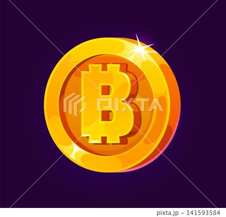 Golden bitcoin crypto coin icon for cartoon game UI or bonus award and GUI element. Golden bit coin or crypto cent icon for level reward item or gold treasure score and prize token of casino jackpot 141593584