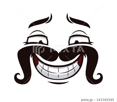 Funny face with happy wide smile and mustaches for cartoon emoji with emotion expression. Cheerful cartoon face with long curly mustaches and joyful glad big smile with tricky sly comic look emotion Funny face with happy wide smile and mustaches for cartoon emoji with emotion expression. Cheerful cartoon face with long curly mustaches and joyful glad big smile with tricky sly comic look emotion 141593585