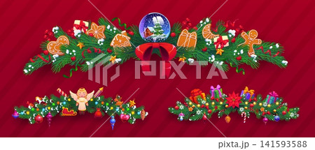 Christmas pine and spruce decoration border frames. Happy New Year decoration element, winter holiday spacer. Christmas border with snow ball, gingerbread cookies, red ribbon bow, poinsettia and gifts Christmas pine and spruce decoration border frames. Happy New Year decoration element, winter holiday spacer. Christmas border with snow ball, gingerbread cookies, red ribbon bow, poinsettia and gifts 141593588