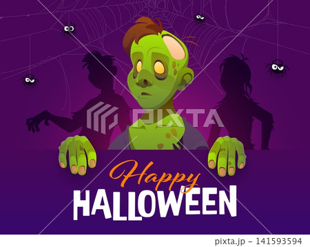 Happy Halloween banner with scary zombie characters and cobweb threads, vector greeting card. Halloween horror night holiday banner with green rotten zombie or dead corpse and spiders in spiderwebs Happy Halloween banner with scary zombie characters and cobweb threads, vector greeting card. Halloween horror night holiday banner with green rotten zombie or dead corpse and spiders in spiderwebs 141593594