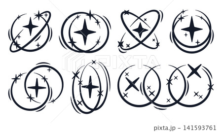 Sparkle doodle y2k collection. Hand drawn sparkle stars, circles and magical swirls flat vector illustration set. Decorative celestial y2k symbols isolated on white background 141593761