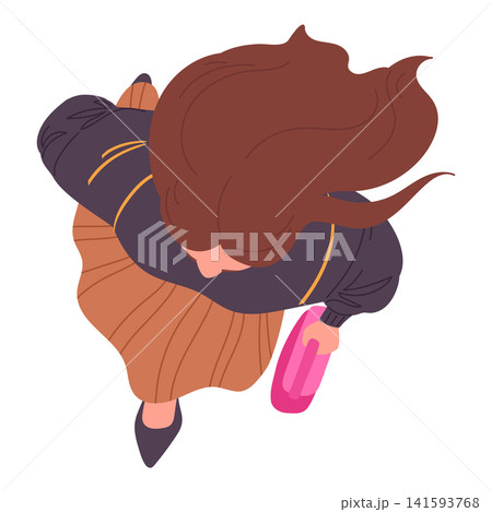 Woman top view. Young woman holding bag viewed from above flat vector illustration. Overhead people character isolated on white background Woman top view. Young woman holding bag viewed from above flat vector illustration. Overhead people character isolated on white background 141593768