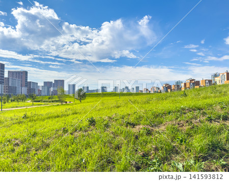 Urban skyline with modern buildings behind a lush green field under a bright blue sky Urban skyline with modern buildings behind a lush green field under a bright blue sky 141593812