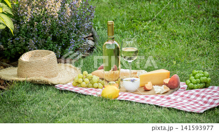 Summer picnic with white wine cheese fruits and lavender on checkered blanket in garden. Summer picnic with white wine cheese fruits and lavender on checkered blanket in garden. 141593977