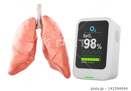 Pulse oximeter showing normal blood oxygen level beside human lungs. 3D rendering 141594044