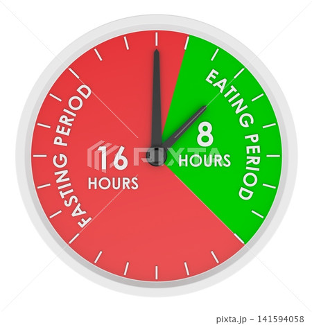Intermittent fasting 16 and 8 schedule clock with eating and fasting periods. 3D rendering Intermittent fasting 16 and 8 schedule clock with eating and fasting periods. 3D rendering 141594058