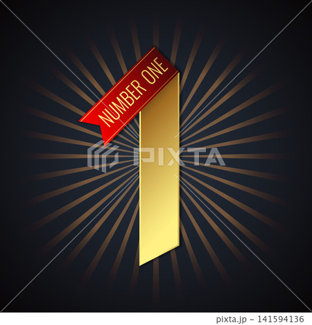 Golden Number One award with red ribbon. Winner or champion. Vector illustration Golden Number One award with red ribbon. Winner or champion. Vector illustration 141594136