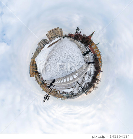 Russia Moscow 07 February 2026. View of Okhotny Ryad, the Kremlin, Four Seasons Hotel and State Historical Museum covered with snow. Historic buildings in central Moscow winter cityscape 141594154