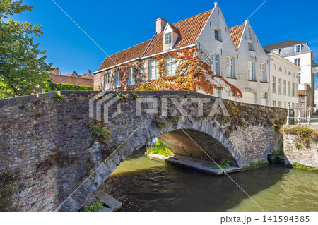 Bruges town in Belgium, Europe. Historic Stone Bridge Arching Over a Serene Canal with Charming Old Buildings Adorned in Autumnal Ivy Under a Clear Blue Sky 141594385