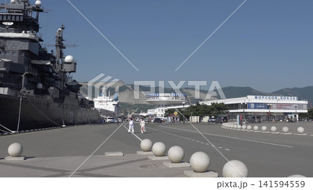 Novorossiysk Russia September 20 2025: The cruiser Mikhail Kutuzov moored in the city port. Historic Soviet Project 68bis museum ship. Editorial use only Novorossiysk Russia September 20 2025: The cruiser Mikhail Kutuzov moored in the city port. Historic Soviet Project 68bis museum ship. Editorial use only 141594559