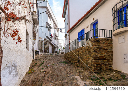 A picturesque stone street with plants and flowers in Cadaques, a town in the province of Girona, Catalonia, Spain. 141594860