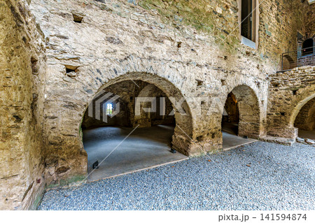 Interior of the antique monastery Sant Pedro de Rodes in the National Park of Cap de Creus, Emporda, Girona, Spain Interior of the antique monastery Sant Pedro de Rodes in the National Park of Cap de Creus, Emporda, Girona, Spain 141594874