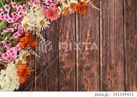 Advertising banner featuring beautiful garden flowers, chamomile, hydrangea, phlox, cherry blossoms and lilies, sunny summer postcard. Abstract floral composition and concept of elegant beauty, 141594933