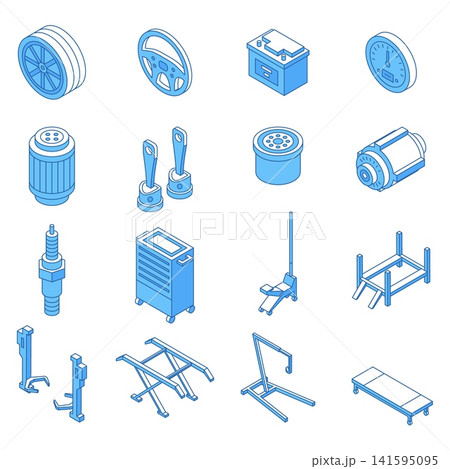 Isometric car service elements. Wheels, car repair tools, truck parts. Garage equipment, oil change, battery charging. Flat 3d nifty vector clipart 141595095