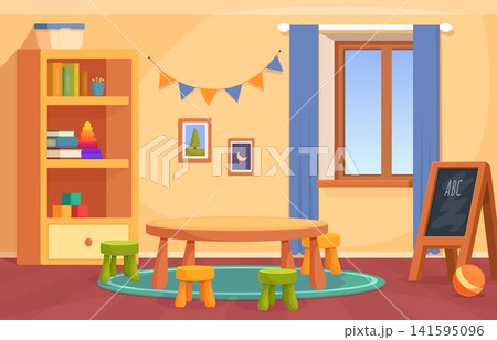 Kindergarten room interior. Cozy playroom for children in preschool. Shelf with books and toys, tiny desk and stools, carpet, wall decor, sapid vector scene Kindergarten room interior. Cozy playroom for children in preschool. Shelf with books and toys, tiny desk and stools, carpet, wall decor, sapid vector scene 141595096