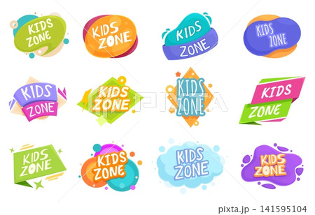 Kids zone badges. Colorful logo, children room, kid area stickers. Isolated elements for playroom, playground, stores, sapid vector design Kids zone badges. Colorful logo, children room, kid area stickers. Isolated elements for playroom, playground, stores, sapid vector design 141595104