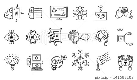 Ai doodle icons. Modern technologies progress, smart artificial intelligence for helping people. Conversation, community, cooperation in digital, neoteric vector set Ai doodle icons. Modern technologies progress, smart artificial intelligence for helping people. Conversation, community, cooperation in digital, neoteric vector set 141595108