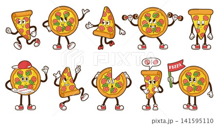 Pizza groovy characters. Funny pizzeria mascots, round and triangle pieces. Italian cuisine food, fast food delivery. Tasty snacks neoteric vector set 141595110