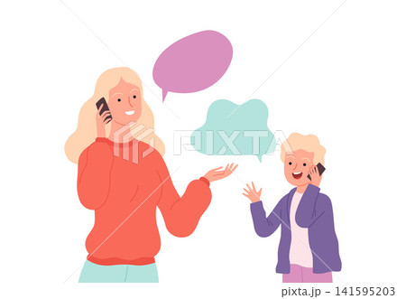 Woman and boy talking on smartphone conversation vector illustration 141595203