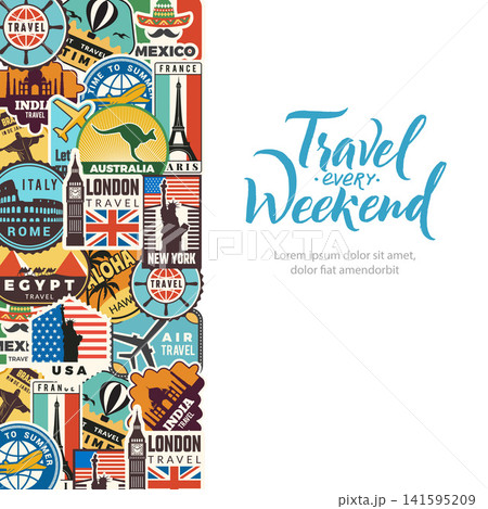 Travel every weekend quote with world landmark travel stickers vector card design Travel every weekend quote with world landmark travel stickers vector card design 141595209