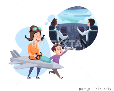 Kids dreaming of becoming pilots with toy airplane vector illustration Kids dreaming of becoming pilots with toy airplane vector illustration 141595215