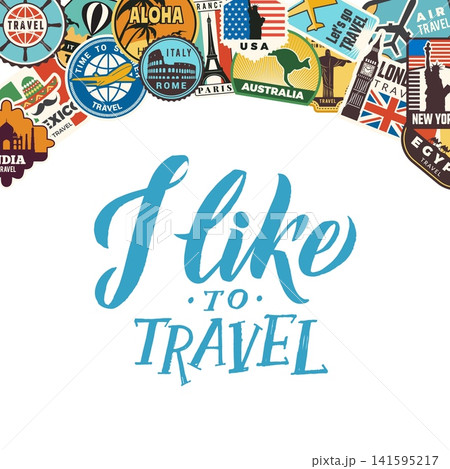 I like to travel quote with world landmark travel stickers vector poster I like to travel quote with world landmark travel stickers vector poster 141595217