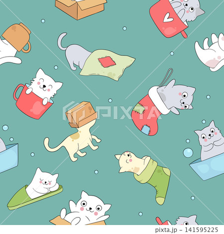 Cute cartoon cats in mugs, boxes and stockings seamless vector pattern Cute cartoon cats in mugs, boxes and stockings seamless vector pattern 141595225