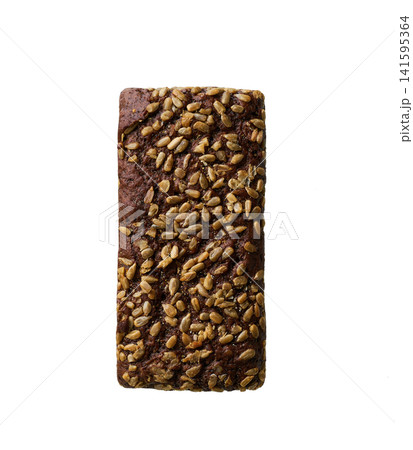 loaf wholemeal rye bread with sunflower seeds , isolated on white background. Top view. 141595364
