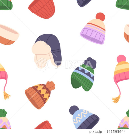 Winter style hats seamless pattern. Knit warm hat, head accessories for cold seasons. Kids and adults clothes. Decorative print design, vector background 141595644