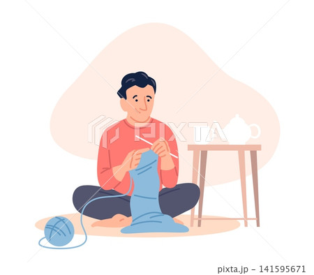 Man knitting. Male handmade hobby. Young guy with wool thread knits warm scarf or cloth. Seasonal accessory, relax at home, recent vector scene Man knitting. Male handmade hobby. Young guy with wool thread knits warm scarf or cloth. Seasonal accessory, relax at home, recent vector scene 141595671