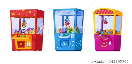 Claw machine. Grabber vending machines with crane grab toy catcher joystick handle, arcade kid game plush doll prize luck winner amusement cartoon qualitative vector illustration 141595702