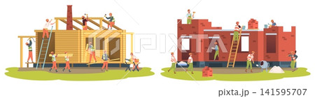 Builders building home. Worker construction site, house brick wood ladder helmet frame power tool equipment team builder people roof window flat set, classy vector illustration 141595707