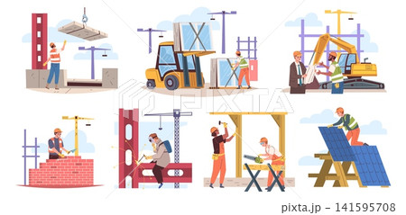 Builders work scenes. Construction site, builder worker carpenter bricklayer hardhat house roof woman man building contractor welding job safety helmet classy vector illustration Builders work scenes. Construction site, builder worker carpenter bricklayer hardhat house roof woman man building contractor welding job safety helmet classy vector illustration 141595708