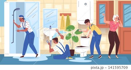Plumbers fixing bathroom. Home water pipe emergency repair clogged sink toilet professional plumbing service drainage maintenance house accident handyman classy vector illustration Plumbers fixing bathroom. Home water pipe emergency repair clogged sink toilet professional plumbing service drainage maintenance house accident handyman classy vector illustration 141595709