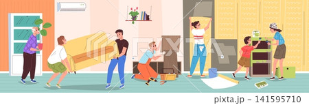 Family renovating home. Diy house renovation, paint wall interior improvement furniture construction apartment decor couple children household together classy vector illustration Family renovating home. Diy house renovation, paint wall interior improvement furniture construction apartment decor couple children household together classy vector illustration 141595710
