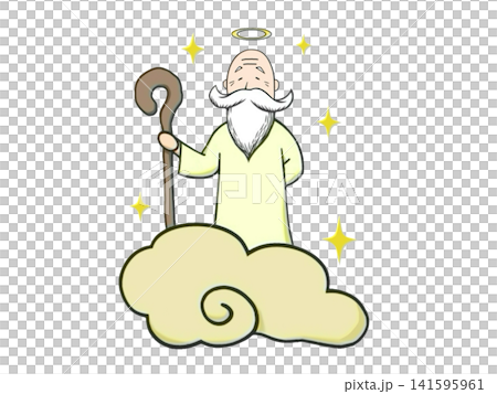 An illustration of a god riding on a cloud and holding a staff. An illustration of a god riding on a cloud and holding a staff. 141595961