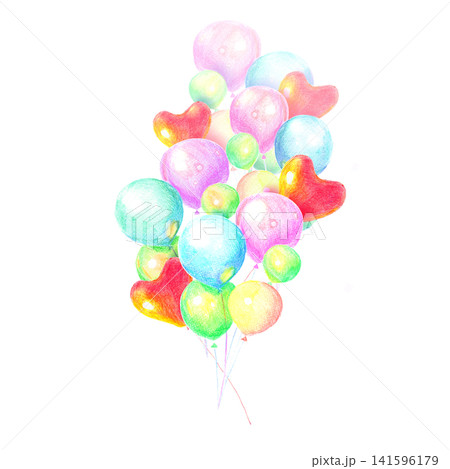 Colorful balloon bunch illustration. Hand drawn watercolor and colored pencil design for birthday invitations, greeting cards, and festive party decor. 141596179