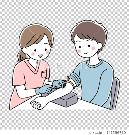 向量圖,描繪了一名男子正在被女護士抽血的情景。 向量圖,描繪了一名男子正在被女護士抽血的情景。 141596780