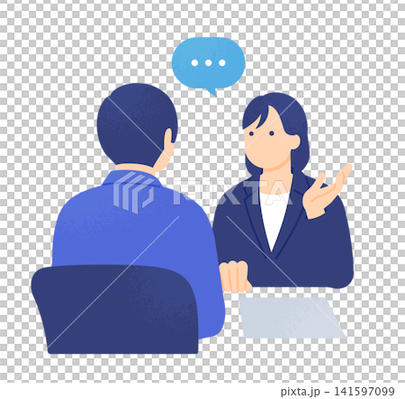 A female sales representative and a male client are seen from behind, conducting business negotiations and consultations across a desk. A female sales representative and a male client are seen from behind, conducting business negotiations and consultations across a desk. 141597099