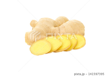 Ginger root with several slices placed beside it, isolated, PNG Ginger root with several slices placed beside it, isolated, PNG 141597395