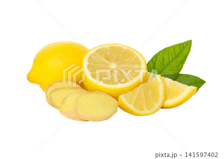 Lemon and ginger slices are with leaves, isolated, PNG Lemon and ginger slices are with leaves, isolated, PNG 141597402