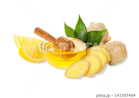 Bowl of ginger, lemon, and honey by leaves, isolated, PNG 141597404