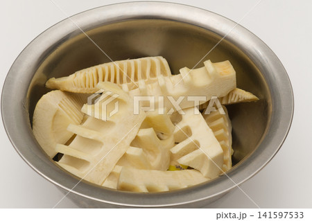 Cut Bamboo Shoots in a Stainless Steel Bowl Cut Bamboo Shoots in a Stainless Steel Bowl 141597533