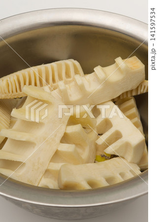 Cut Bamboo Shoots in a Stainless Steel Bowl	 141597534