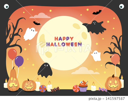 満月とおばけのポップなハロウィンの背景素材 満月とおばけのポップなハロウィンの背景素材 141597587