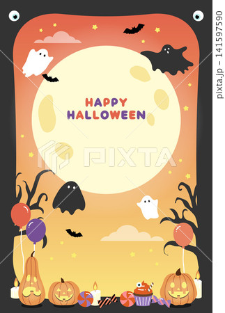 満月とおばけのポップなハロウィンの背景素材 満月とおばけのポップなハロウィンの背景素材 141597590