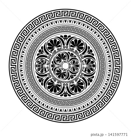 Greek circle ornament. Pattern of Greece, ancient Rome. Round antique border from Greek. Greek meander. Circle european border. Typical egyptian, assyrian, greek motives. Plate, porcelain, ceramic Greek circle ornament. Pattern of Greece, ancient Rome. Round antique border from Greek. Greek meander. Circle european border. Typical egyptian, assyrian, greek motives. Plate, porcelain, ceramic 141597771